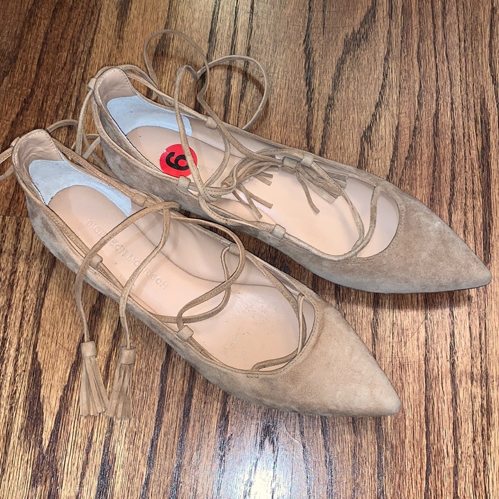 New Sigerson Morrison Lace Up Tassel Beige Tan Suede Ballet Flats